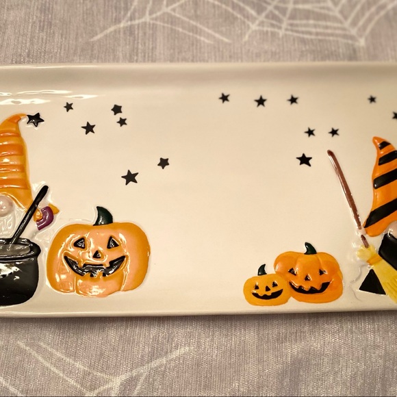 Halloween Gnome Platter, Witch Gnomes Jack-O-Lanterns Cauldrens Ceramic Platter - Picture 6 of 13